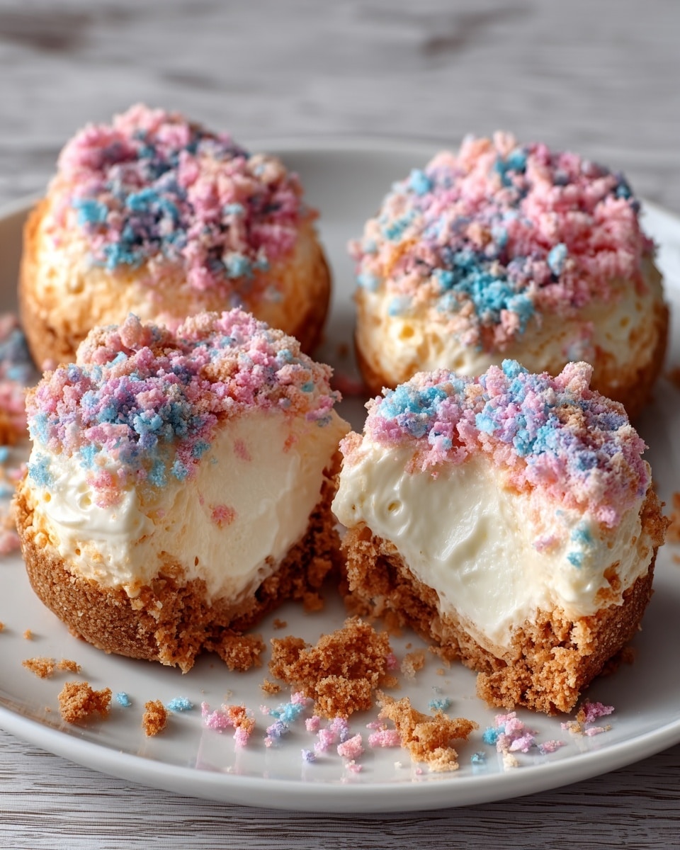 Four round desserts sit on a white plate over a white marbled surface, with one dessert cut open showing a soft, creamy white inner layer. Each dessert has three layers: a crumbly light brown outer crust, a thick white creamy middle layer, and a topping covered in pink and blue crumbly sprinkles that give a rough texture. The crumbs from the crust are scattered around the plate. The light softly highlights the colors and textures of the desserts. photo taken with an iphone --ar 4:5 --v 7