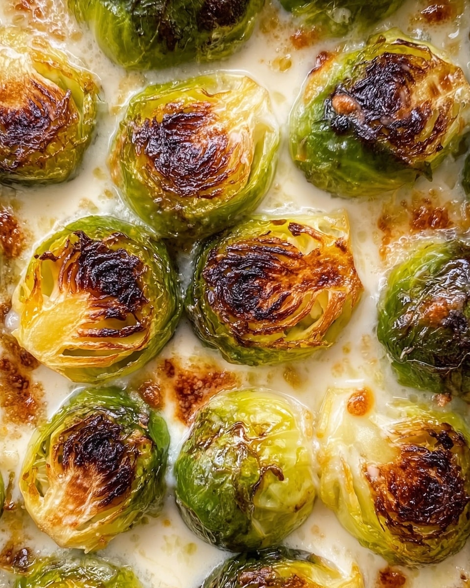 Close-up of about twelve roasted Brussels sprouts, each cut in half showing their layered green and yellow leaves with crispy, dark brown, and golden toasted tops. They sit in a creamy white sauce that bubbles around them, with some browned spots near the edges of the sprouts. The texture of the sprouts is slightly charred and caramelized, contrasting with the smooth, rich sauce underneath. photo taken with an iphone --ar 4:5 --v 7