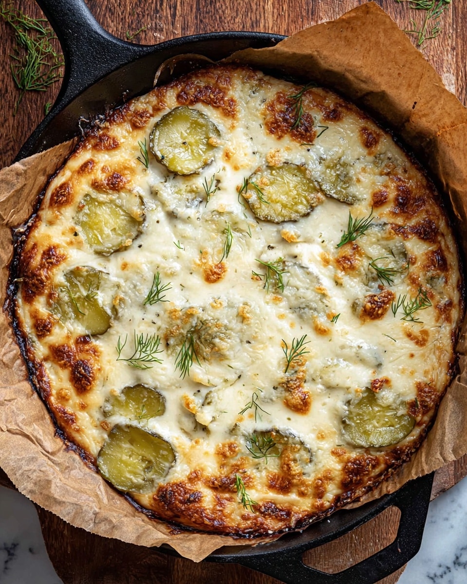 A top view of a baked dish in a black cast iron skillet lined with brown parchment paper, showing a golden-brown melted cheese layer with a bubbly texture and some darker browned spots. Underneath the cheese, slices of green pickles are visible, scattered evenly on the surface. The melted cheese layer is creamy white with a slightly toasted pattern, and small dill sprigs are sprinkled on top, adding green specks. The skillet is placed on a wooden surface, but the background is imagined as white marbled texture. Photo taken with an iphone --ar 4:5 --v 7
