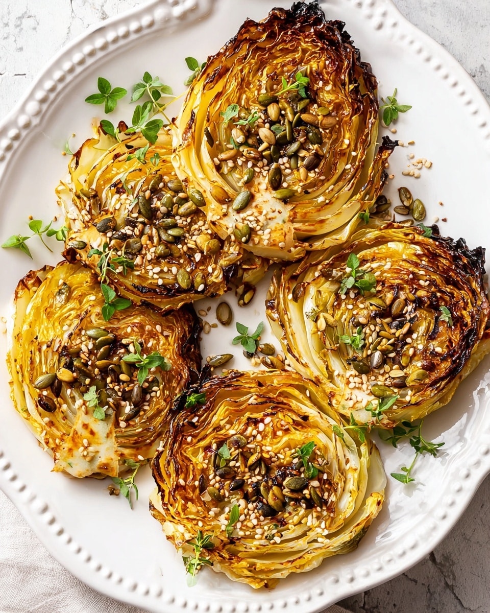 Five roasted cabbage slices are arranged on a white ornate plate placed on a white marbled texture. Each cabbage slice has about 6-8 visible layers, with outer leaves browned and slightly charred, giving a crispy texture, and inner layers a golden-yellow color. The surface of each slice is sprinkled with a mix of green pumpkin seeds, beige sunflower seeds, white sesame seeds, and small fresh green herb leaves scattered evenly. The overall look is warm-toned with a mix of crispy edges and tender inner layers. Photo taken with an iphone --ar 4:5 --v 7