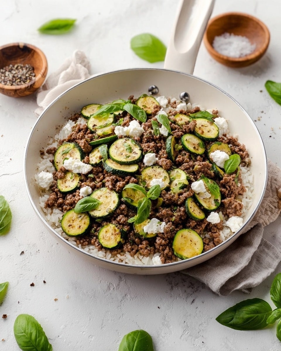 A white frying pan filled with a dish layered starting with a base of white rice, topped with cooked ground beef mixed with green zucchini slices that are soft with some browned edges. Over the beef and zucchini, small white crumbles of cheese are scattered, along with fresh green basil leaves placed on top for garnish. Around the pan, green basil leaves are spread on a white marbled surface, with wooden bowls holding salt and pepper nearby, creating a fresh, simple cooking scene. Photo taken with an iphone --ar 4:5 --v 7