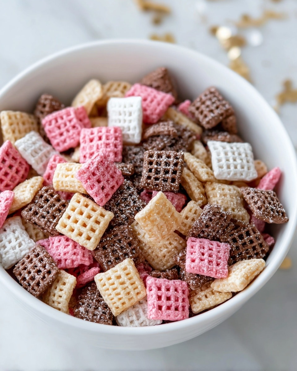 A close-up image of a white bowl filled with square shaped cereal pieces in three colors: light pink, chocolate brown, and creamy beige, each piece having a waffle-like texture with small grid patterns. Some pieces are sprinkled with white powdered sugar, adding a soft contrast on the colorful cereal. The bowl is placed on a white marbled surface with subtle golden accents blurred in the background. The cereal fills the bowl fully, showing a mix of colors evenly spread out, creating a visually pleasing pattern. photo taken with an iphone --ar 4:5 --v 7