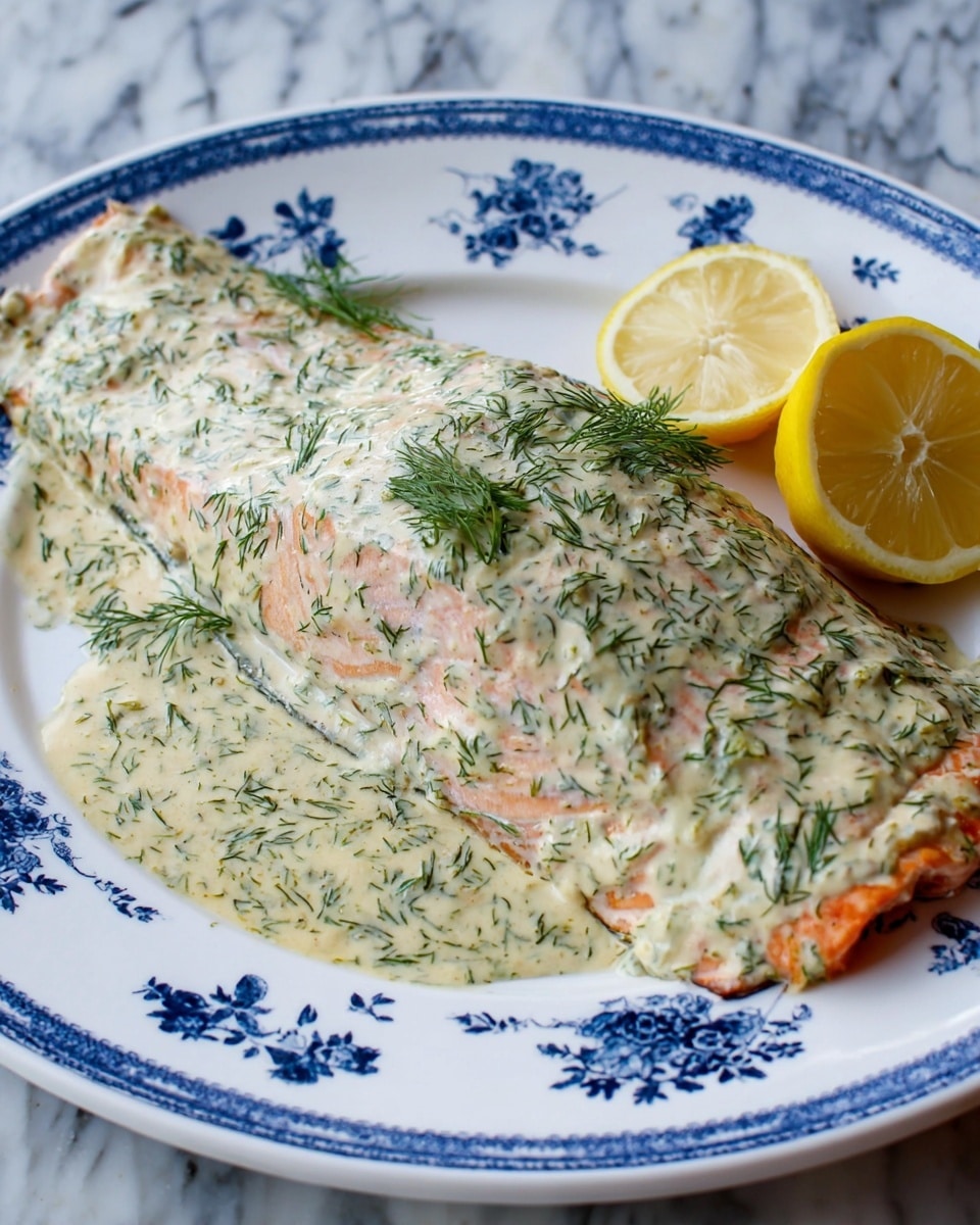 A large fillet of cooked salmon is placed on a white plate with blue floral patterns along the edges. The salmon is covered with a creamy sauce mixed with fresh dill, giving it a green and white speckled look. The sauce looks thick and smooth, spread evenly over the salmon's pink flesh, with some orange salmon skin visible under the sauce. Two lemon halves, bright yellow with juicy cuts, sit on the side of the plate, adding color and freshness. The plate is set on a white marbled surface, adding a clean and elegant background to the dish. Photo taken with an iphone --ar 4:5 --v 7