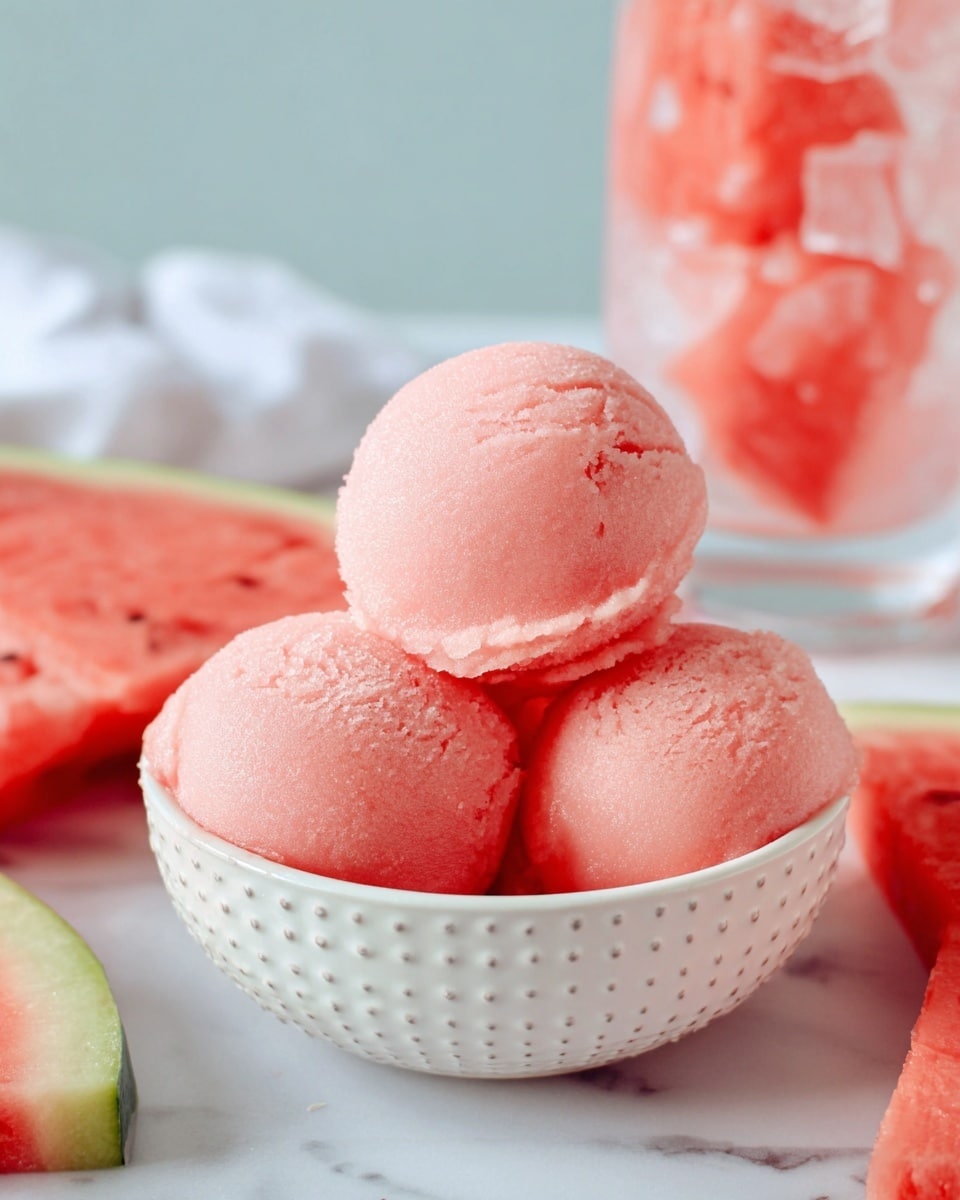 Three scoops of light pink watermelon sorbet are placed closely together in a small white bowl with a dotted edge. The sorbet has a smooth, slightly icy texture with soft rounded tops. Around the bowl, pieces of fresh watermelon with bright pink flesh and green rinds are scattered on a white marbled surface. In the background, parts of a tall glass filled with pink watermelon chunks and ice can be seen, set against a soft light blue backdrop. photo taken with an iphone --ar 4:5 --v 7