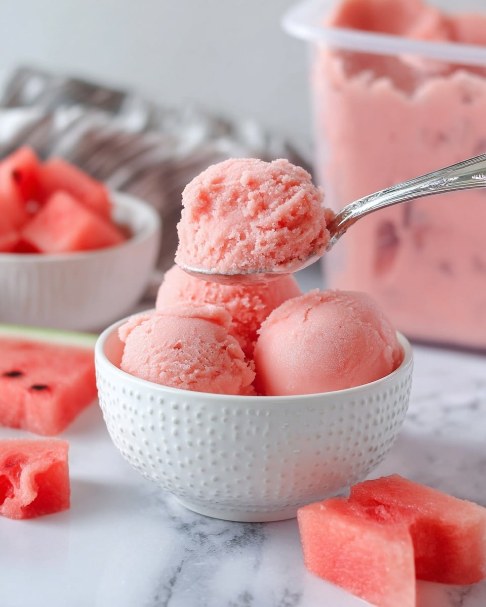 The image shows three smooth, round scoops of light pink sorbet inside a white bowl with a dot pattern around its edge. A spoon with a shiny silver handle lifts a rough, textured scoop of the same pink sorbet above the bowl. Around the bowl, there are several pieces of pink watermelon with red seeds, sitting on a white marbled surface. In the background, there is a clear plastic container with more pink sorbet, softly blurred. photo taken with an iphone --ar 4:5 --v 7