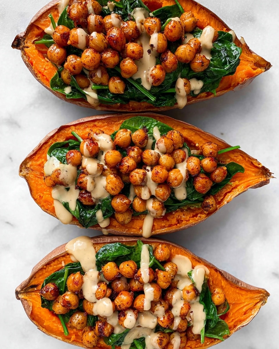 Three halves of roasted sweet potato with orange flesh and browned edges are placed vertically on a white marbled surface. Each half is layered with wilted dark green spinach leaves, topped with a generous amount of golden-brown roasted chickpeas. A light drizzle of creamy beige sauce is spread unevenly over the chickpeas, adding a smooth texture contrast. The bright colors and textures make the dish visually rich and appetizing. Photo taken with an iphone --ar 4:5 --v 7