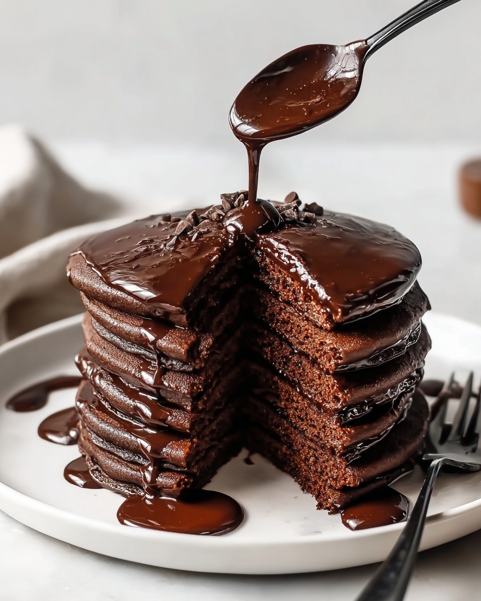 A stack of seven dark brown chocolate pancakes sits on a white plate on a white marbled surface. Each pancake is thick and fluffy with a rich, moist texture. Thick, glossy dark chocolate syrup is poured from a dark spoon, dripping slowly over the top pancake, covering the top and flowing down the sides. The front of the stack shows a bite taken out, revealing the soft inside layers separated by more dark chocolate syrup that drips between the pancakes and pools on the plate. Photo taken with an iphone --ar 4:5 --v 7