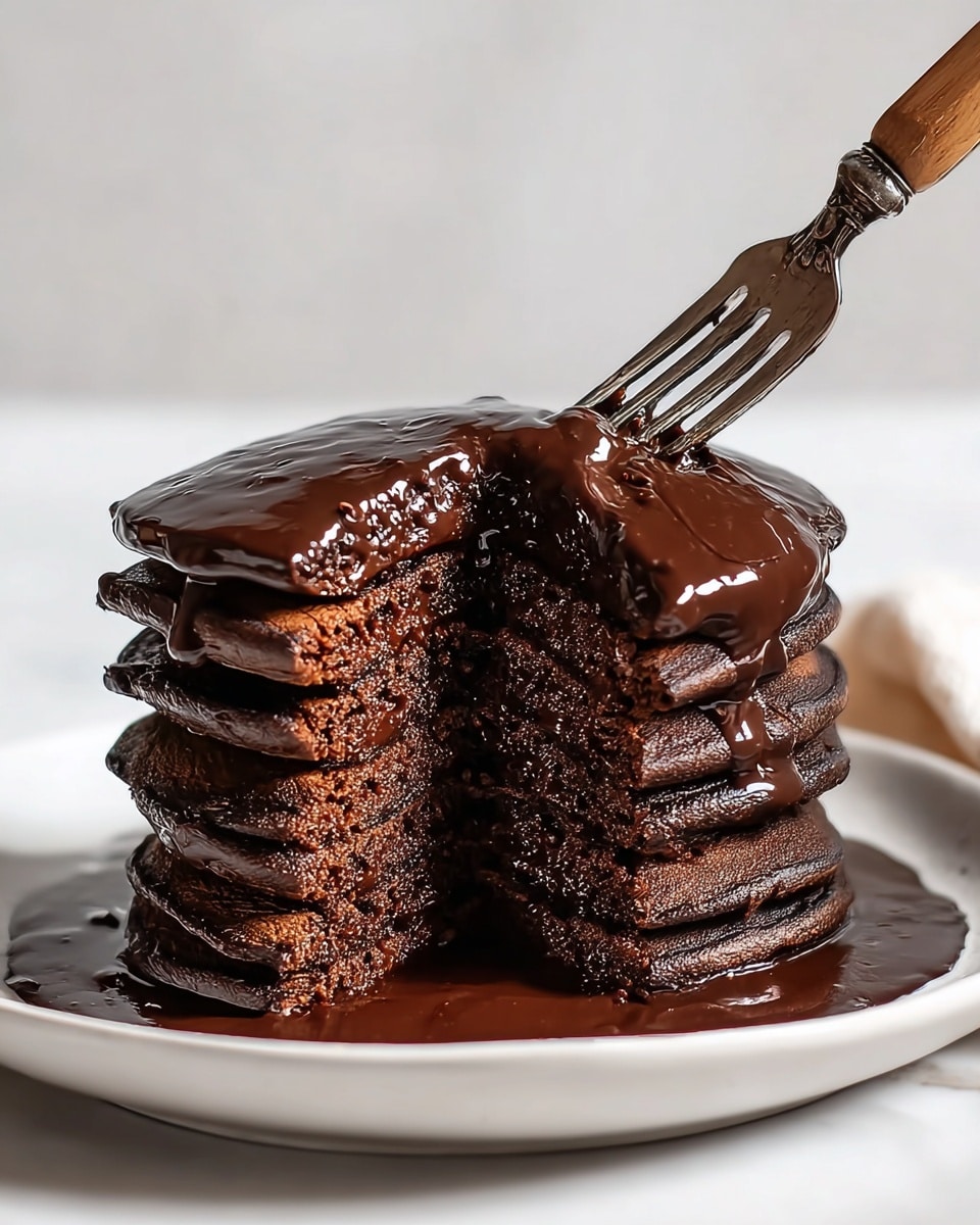 A stack of eight dark chocolate pancakes sits on a white plate over a white marbled surface. Each pancake is thick and moist with a rich, dark brown color and slightly uneven edges. A thick layer of glossy dark chocolate sauce covers the top pancake and drips down the sides, pooling around the base. One slice is cut out from the stack, showing the dense, rich texture inside. A wooden fork with a metal tip is lifting a piece from the top right side of the stack, with the sauce dripping from the fork. The background is plain and softly lit. photo taken with an iphone --ar 4:5 --v 7