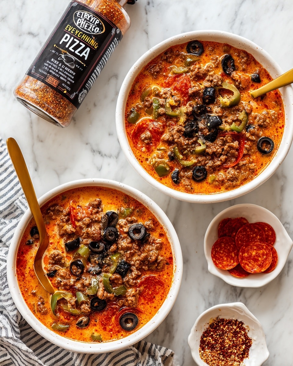 A round white pot filled with rich, red tomato soup with a smooth texture and small, visible pieces of herbs and ingredients inside. The soup surface is sprinkled with thin, light yellow shredded cheese and topped with three green basil leaves placed near the center. Around the pot are small light brown wooden bowls with chopped green herbs, scattered green herb pieces, and a loaf of bread with a golden brown crust dusted with white cheese on a white marbled surface partly covered by a light gray cloth. Photo taken with an iphone --ar 4:5 --v 7