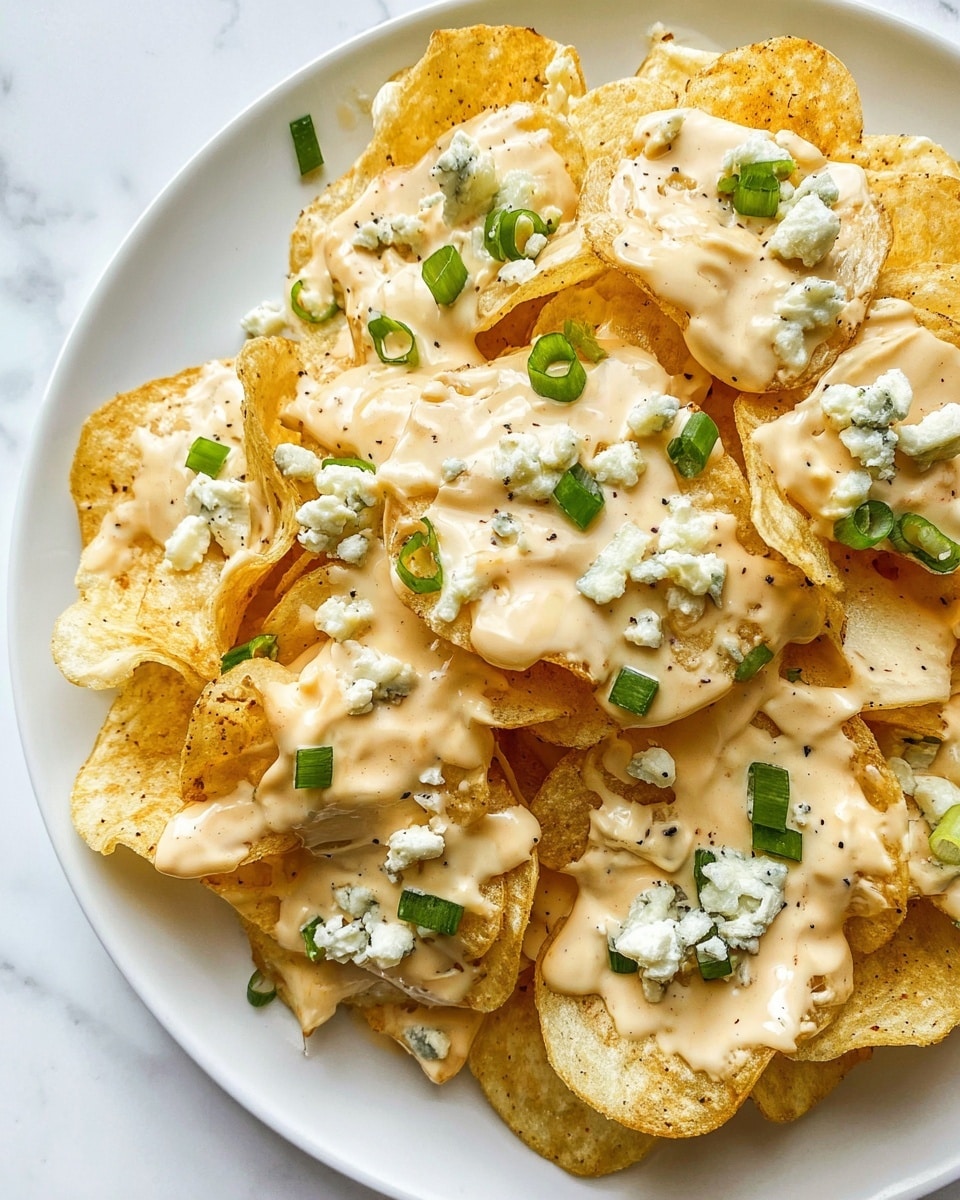 A white plate piled with golden potato chips covered in a creamy, pale beige cheese sauce lightly speckled with black pepper. Scattered over the chips are small white crumbles of blue cheese and bright green chopped scallions adding a fresh touch. The chips have a crunchy texture visible under the smooth sauce, and the layers mix together evenly on the plate. The background has a white marbled texture. Photo taken with an iphone --ar 4:5 --v 7