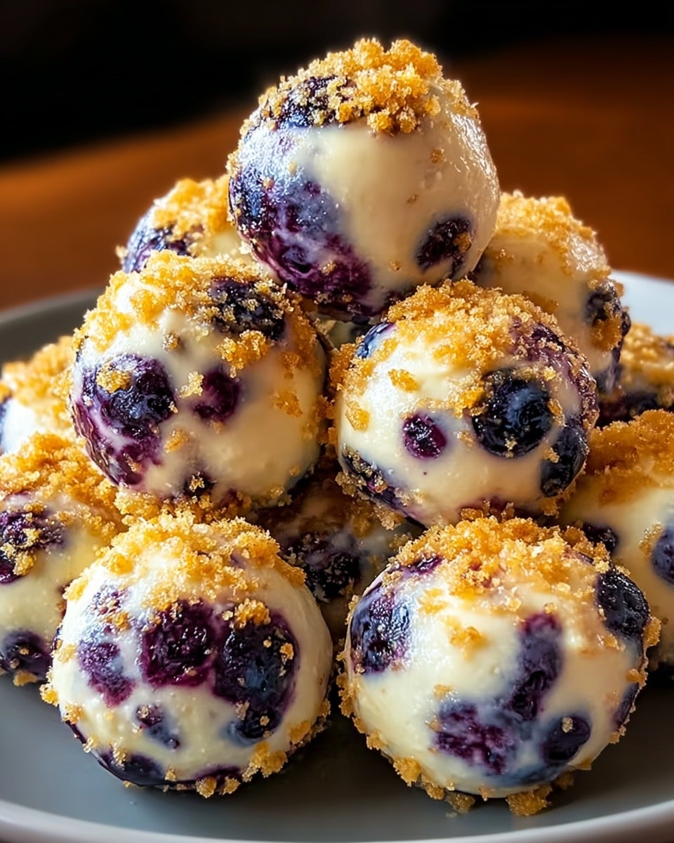 A close-up view of a pile of round blueberry cheese balls stacked together on a white plate, each cheese ball has a creamy white layer speckled with whole dark purple blueberries embedded throughout, and is coated with a light golden crumbly topping that adds texture and warmth to the appearance, the cheese balls are smooth and glossy with some areas highlighting the juicy blueberries beneath, all set against a blurred background with warm lighting that enhances the richness of the colors, photo taken with an iphone --ar 4:5 --v 7