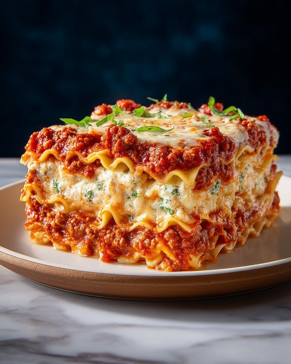 A thick slice of lasagna sits on a white plate, displaying four clear layers. The base layer is light yellow pasta sheets, topped by a creamy white cheese layer with green herbs. Above this is a rich red meat sauce with visible chunks of browned meat and a dense, chunky texture. This layering repeats once more, followed by a final top layer of red meat sauce mixed with melted white cheese, garnished with small green basil leaves. The plate is on a white marbled surface with a blurred dark blue background. photo taken with an iphone --ar 4:5 --v 7