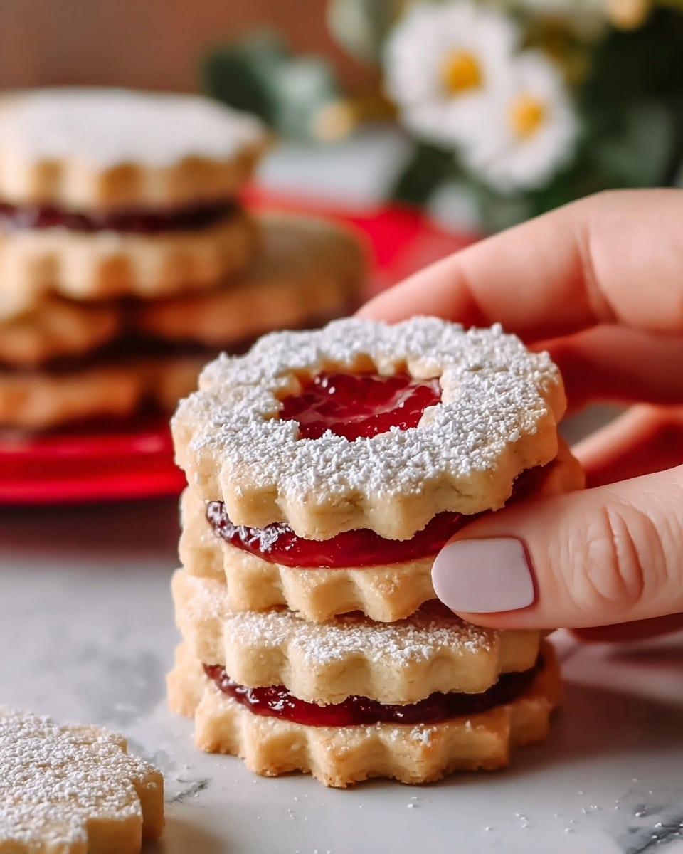 The image shows a close-up of a sandwich cookie with two layers: the bottom and top layers are light golden brown cookies with a scalloped edge, while the middle layer is a bright red jam filling. The top cookie has a circular cutout in the center, showing the glossy jam inside. The whole cookie is dusted with a fine white powdered sugar on top. A woman's hand is gently holding the cookie from the side. In the background, there are more stacked cookies on a red plate, with a blurred white marbled surface and a white vase with flowers in soft focus. photo taken with an iphone --ar 4:5 --v 7