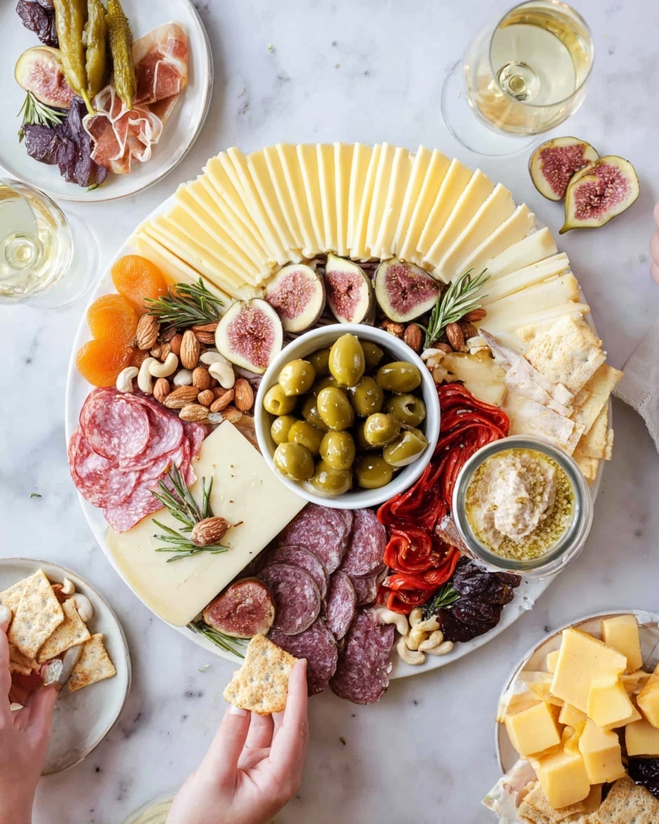 A large white plate on a white marbled surface holds a colorful and rich charcuterie board with multiple layers and sections: slices of pale yellow cheese arranged in a fan shape at the top, a cluster of pinkish-red salami slices next to cashew nuts, halved fresh figs with their light pink inside and dark purple skin, and a bowl in the center filled with large green olives. Below the olives are roasted red pepper pieces and thinly sliced medium-rare beef with a slight char, some sprinkled with coarse salt. On the left side, folded prosciutto slices, dried apricots, and more salami sit beside a wedge of firm pale yellow cheese with a red rind, decorated with a small sprig of rosemary. Cubed yellow cheese and small crackers fill the bottom right of the plate, along with a small bowl of grainy mustard sauce. Around the large plate, small white plates hold additional cheese wedges, crackers, pickles, and dried fruit. A woman's hand is reaching to grab green olives from the bowl, and another woman's hand is holding a glass of white wine nearby. Photo taken with an iphone --ar 4:5 --v 7