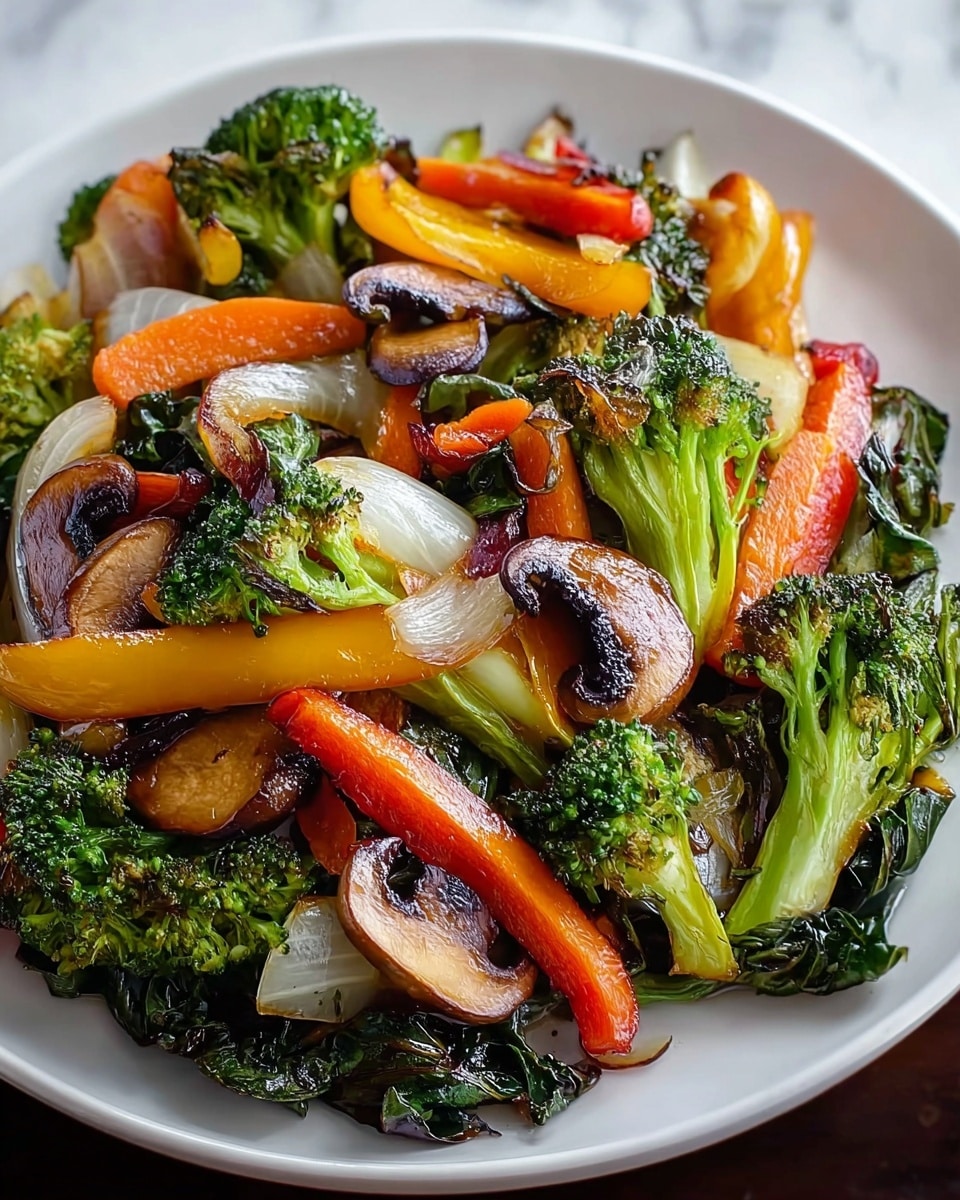 The image shows a close-up view of a plate filled with cooked vegetables, arranged in layers that create a colorful mix. The bottom layer contains green broccoli florets with a slightly charred texture, interspersed with dark green leafy vegetables. Above these are thinly sliced, bright orange carrot strips that add a smooth and slightly glossy texture. Scattered on top and around are browned, curved mushroom slices with a darker brown edge and a softer, cooked center. Red and yellow bell pepper strips add bright patches of color, and pieces of caramelized onion mix in with their glossy, light purple and white layers. The vegetables are all slightly shiny, showing they were cooked with a bit of oil. The white plate holding the food sits against a white marbled surface. photo taken with an iphone --ar 4:5 --v 7