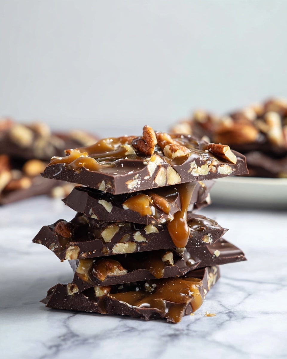 A stack of four uneven dark chocolate bark pieces sits on a white marbled surface, each piece embedded with large, light brown pecan chunks and drizzled with glossy caramel sauce that oozes softly over the edges. The chocolate boards have a rich, smooth texture with nuts visibly pressed inside, creating a rough surface on some parts. In the background, out of focus, there are more chocolate bark pieces resting on a white plate, maintaining the same nutty and caramel-covered appearance, enhancing the layered and textured look of the main stack. photo taken with an iphone --ar 4:5 --v 7