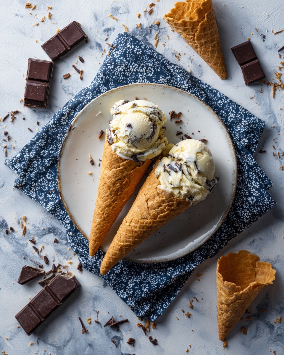 Two ice cream cones lie on their sides on a white plate placed on a folded dark blue cloth with white floral patterns, which rests on a white marbled surface. Each cone holds a scoop of pale beige ice cream with small dark chocolate bits mixed in. Around and on the plate, there are tiny chocolate shavings scattered. Surrounding the plate, there are broken pieces of waffle cones and several pieces of dark chocolate squares. photo taken with an iphone --ar 4:5 --v 7