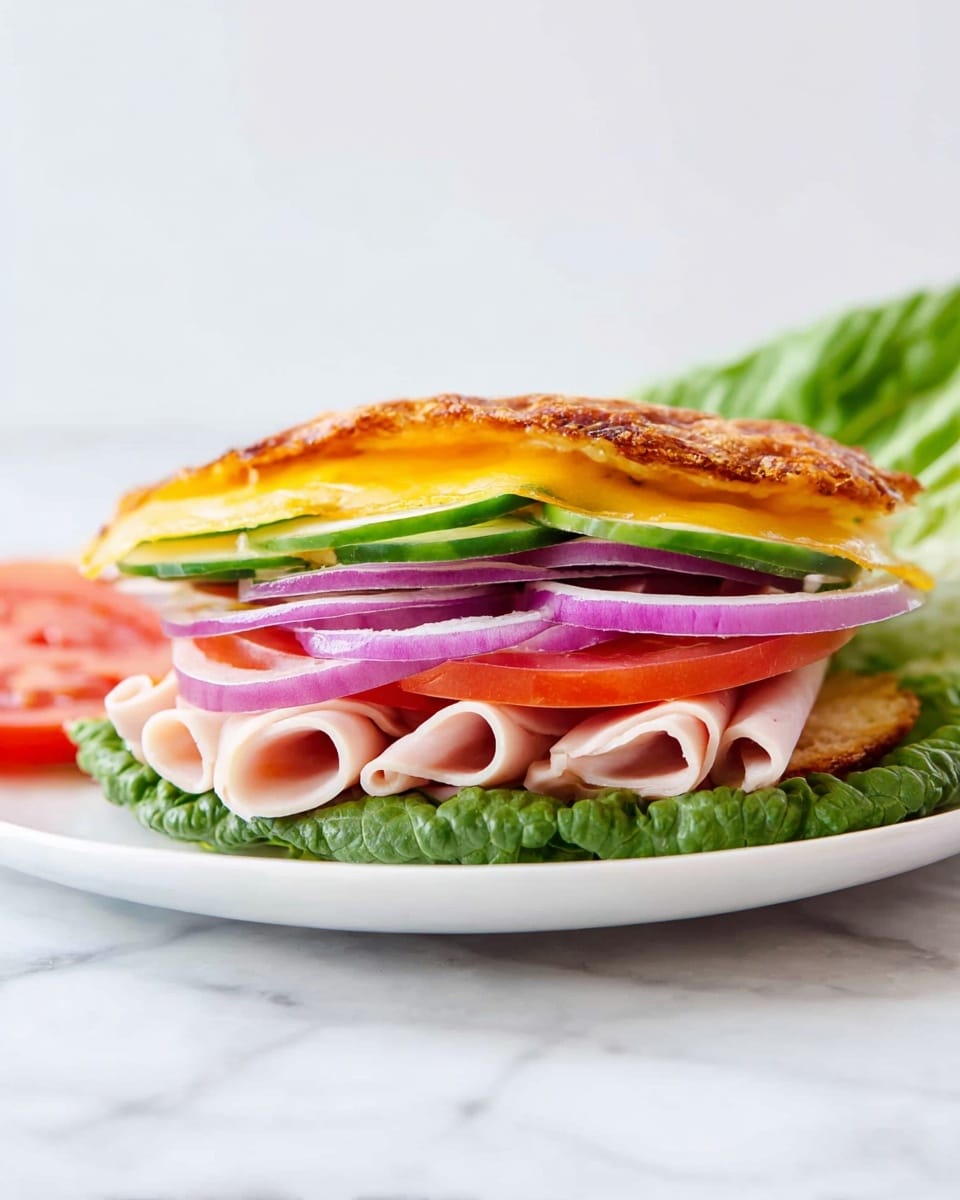 A sandwich with four main layers is shown on a white plate over a white marbled background. The bottom layer is a large green lettuce leaf with visible veins and a fresh texture. On top of this leaf are five rolled slices of light pink deli turkey, neatly lined up. Above the turkey is a thick red tomato slice and then a round slice of purple onion with white rings inside. Next, there are two slim green cucumber slices. The top layer is a golden brown melted cheese slice with a crispy and bubbly texture folded over the fillings. Part of a green lettuce leaf and onion slice are placed near the plate. photo taken with an iphone --ar 4:5 --v 7