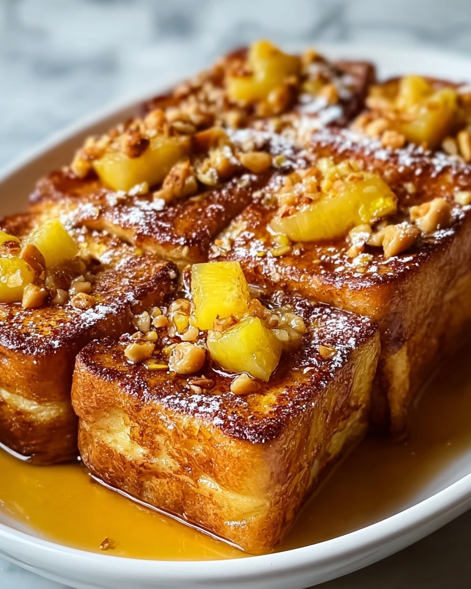 The image shows a close-up of four thick square pieces of golden brown French toast in a white dish. Each piece has a crispy, browned top with a slightly crispy edge, revealing soft and fluffy layers inside. The toast is topped with small chunks of yellow fruit, likely cooked pineapple or caramelized apple, and sprinkled with small chopped nuts and powdered sugar. A shiny layer of syrup pools around the toast, giving a glossy finish that contrasts with the textures. The background is a white marbled surface. photo taken with an iphone --ar 4:5 --v 7