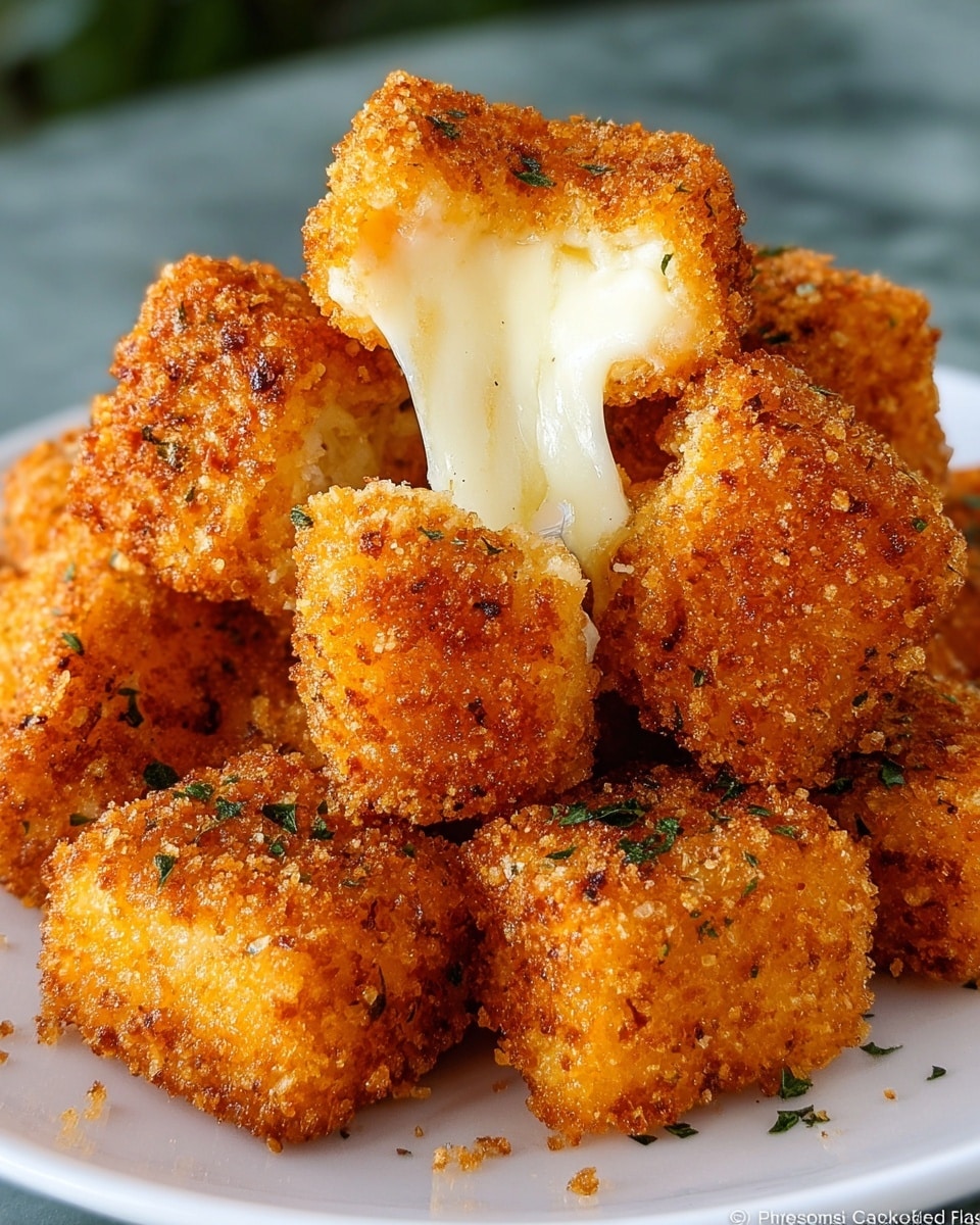 A close-up view of a pile of small, square-shaped fried cheese bites stacked on a white plate. Each bite has a crispy, golden-brown breaded outer layer with a rough, crunchy texture. One of the cheese bites is broken open, showing gooey, melted white cheese stretching out in a soft, creamy layer inside. Small green herb bits are sprinkled over the cheese bites, giving a bit of color contrast. The overall look is warm and crunchy with a melted, soft center. The setting is on a white marbled surface. photo taken with an iphone --ar 4:5 --v 7