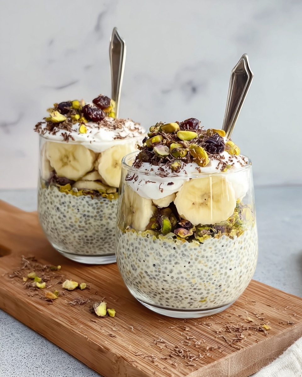 Two clear glass cups sit on a wooden board against a white marbled background, each filled with a three-layered chia pudding. The bottom layer is creamy white chia pudding mixed with tiny dark seeds, topped with a layer of chopped green pistachios and dark dried berries. Above that is another thick layer of the pale chia pudding, followed by a top decoration of banana slices, a dollop of white whipped cream, more pistachios and berries, and a light dusting of dark chocolate shavings. Each cup has a silver spoon inserted, standing upright in the pudding. Photo taken with an iphone --ar 4:5 --v 7