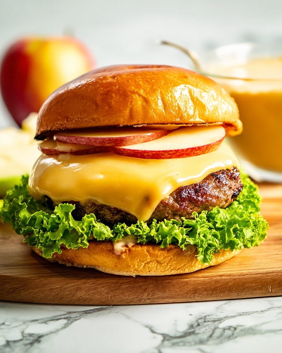 The image shows a cheeseburger with four main layers stacked on a white bun set on a white marbled texture. The first bottom layer is fresh green lettuce with ruffled edges, resting on the bottom bun that looks soft and slightly toasted. On top of the lettuce is a thick grilled beef patty with a slightly charred texture. Covering the patty is a bright yellow melted cheddar cheese that softly oozes over the sides. Above the cheese is a thin round slice of red apple, topped with a smooth, creamy light sauce dripping gently over it. The top bun, a shiny golden-brown, leans at an angle on the side, partially covering the burger. In the background, a glass bowl with more sauce and a spoon is visible along with an apple. The photo taken with an iphone --ar 4:5 --v 7
