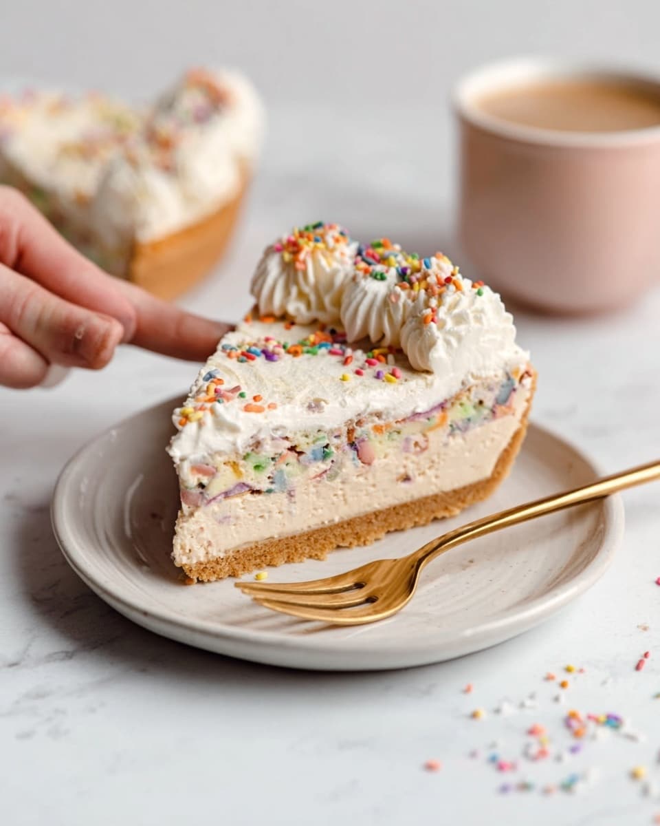 A slice of creamy cake with three visible layers sits on a small white plate with a gold fork beside it. The bottom layer is a smooth, light brown crust. The middle layer is thick, white, and creamy with colorful sprinkles mixed inside. The top layer is a smooth, whipped cream border with a few colorful sprinkles on top. The plate is on a white marbled surface, and a cup with a light brown drink is nearby. A woman's hand is reaching for the fork. Photo taken with an iphone --ar 4:5 --v 7