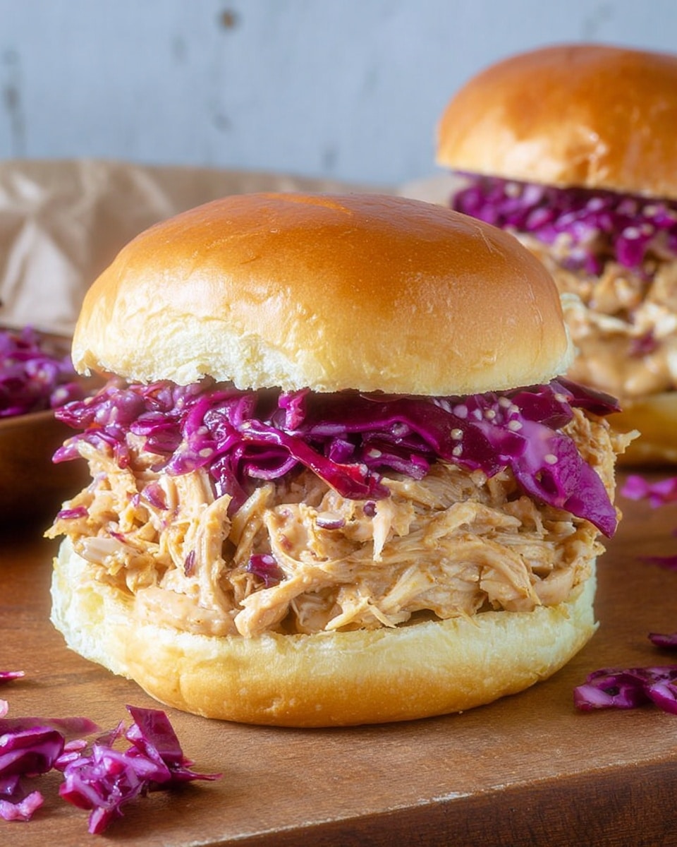A close-up view of a sandwich with three layers inside a soft, shiny, golden-brown bun. The bottom layer is a light yellow, fluffy bun. On top of the bun is a thick layer of shredded chicken mixed with a creamy, light brown sauce with visible mustard seeds. The final layer is bright purple-red cabbage slaw, sitting just under the top half of the bun which is the same shiny golden-brown color as the bottom. The sandwich is placed on a brown wooden surface with some red cabbage pieces scattered around, and a second sandwich is partially visible in the background. Photo taken with an iphone --ar 4:5 --v 7
