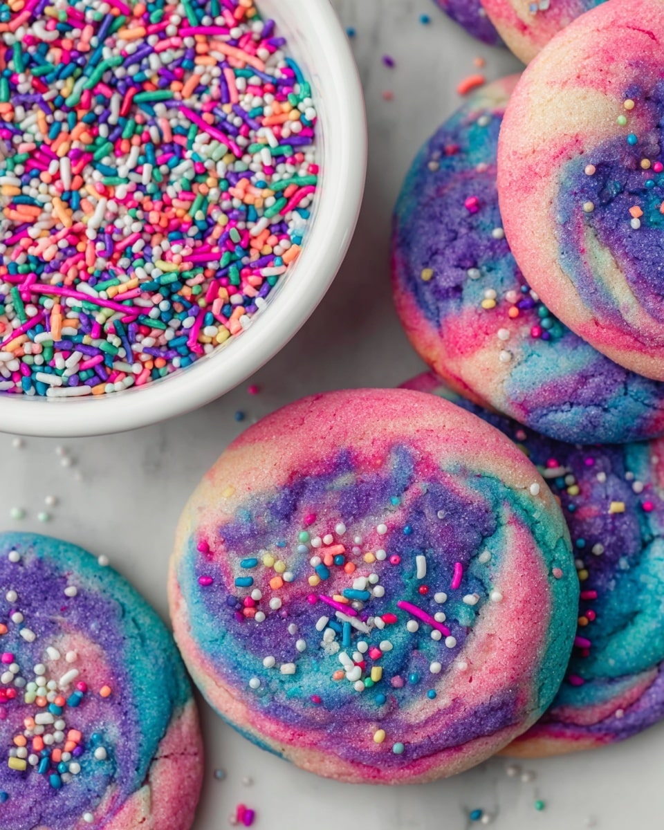 A close-up view of several round cookies with a colorful tie-dye pattern made of swirled pink, purple, and blue colors. Each cookie is topped with small, rainbow-colored sprinkles scattered unevenly. Next to the cookies, there is a white bowl filled with the same type of rainbow sprinkles. The cookies and bowl are placed on a white marbled surface. The texture of the cookies looks soft and slightly crumbly, with the different colors blending smoothly into each other. Photo taken with an iphone --ar 4:5 --v 7