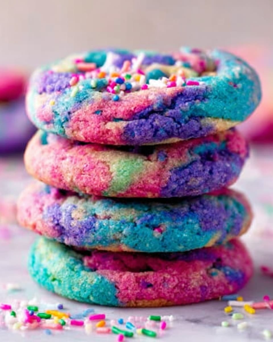 A stack of four thick cookies with multiple bright colors including blue, pink, purple, and a little green, showing a soft and slightly crumbly texture with visible sprinkles on and around them. Each cookie has uneven color mixing with a marbled look, and the stack is set on a white marbled surface with colorful sprinkles scattered nearby. The lighting is soft with a shallow focus on the cookies, making the colors pop smoothly. photo taken with an iphone --ar 4:5 --v 7