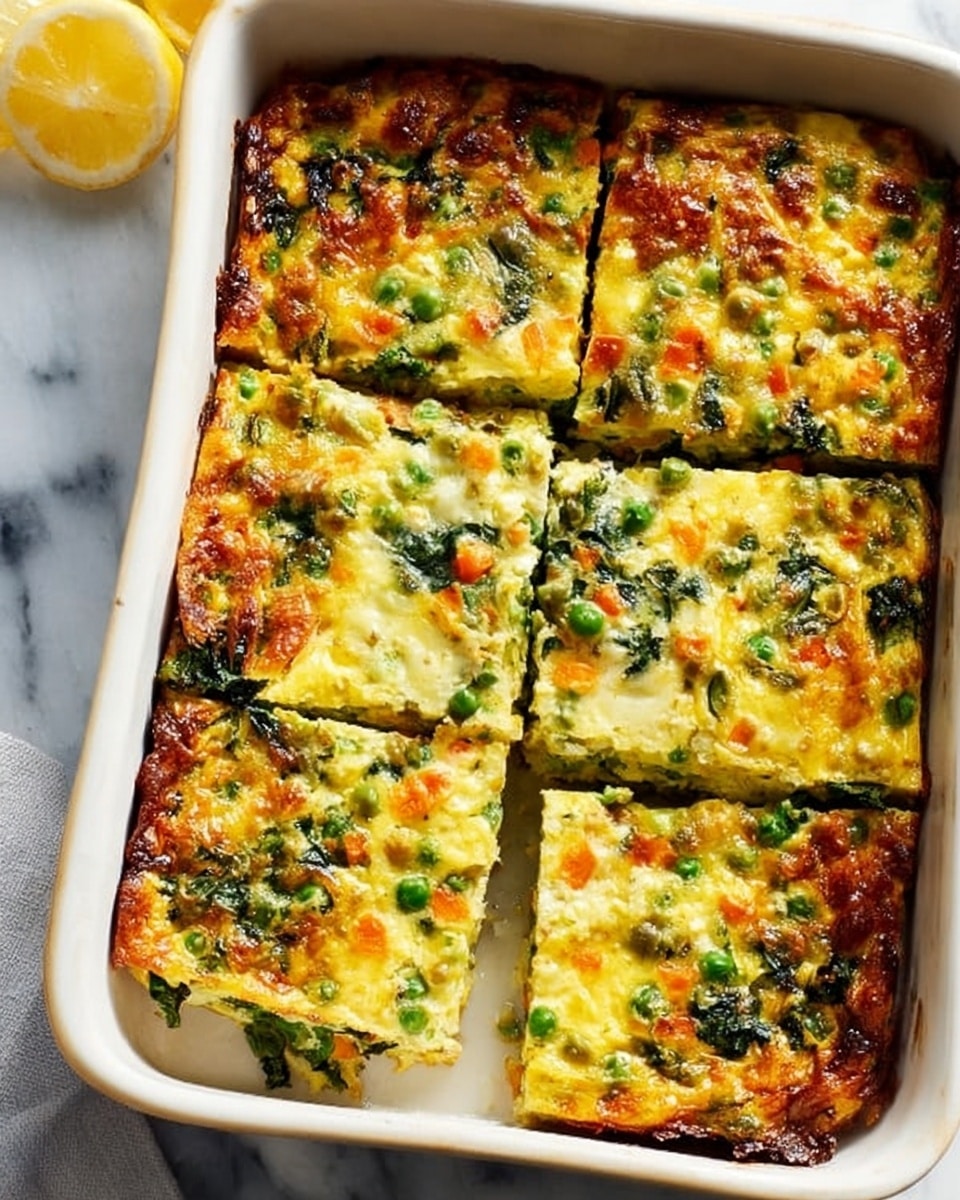 A rectangular white baking dish holds a baked casserole cut into four square pieces. The top layer is golden brown with visible melted cheese that has browned slightly at the edges. Below the cheese, there are mixed green vegetables like spinach and peas, along with small pieces of orange carrots, all embedded in a creamy, light yellow egg mixture. The edges of the casserole are slightly crispy and browned. The background shows a white marbled surface with part of a lemon peel on the left side. photo taken with an iphone --ar 4:5 --v 7