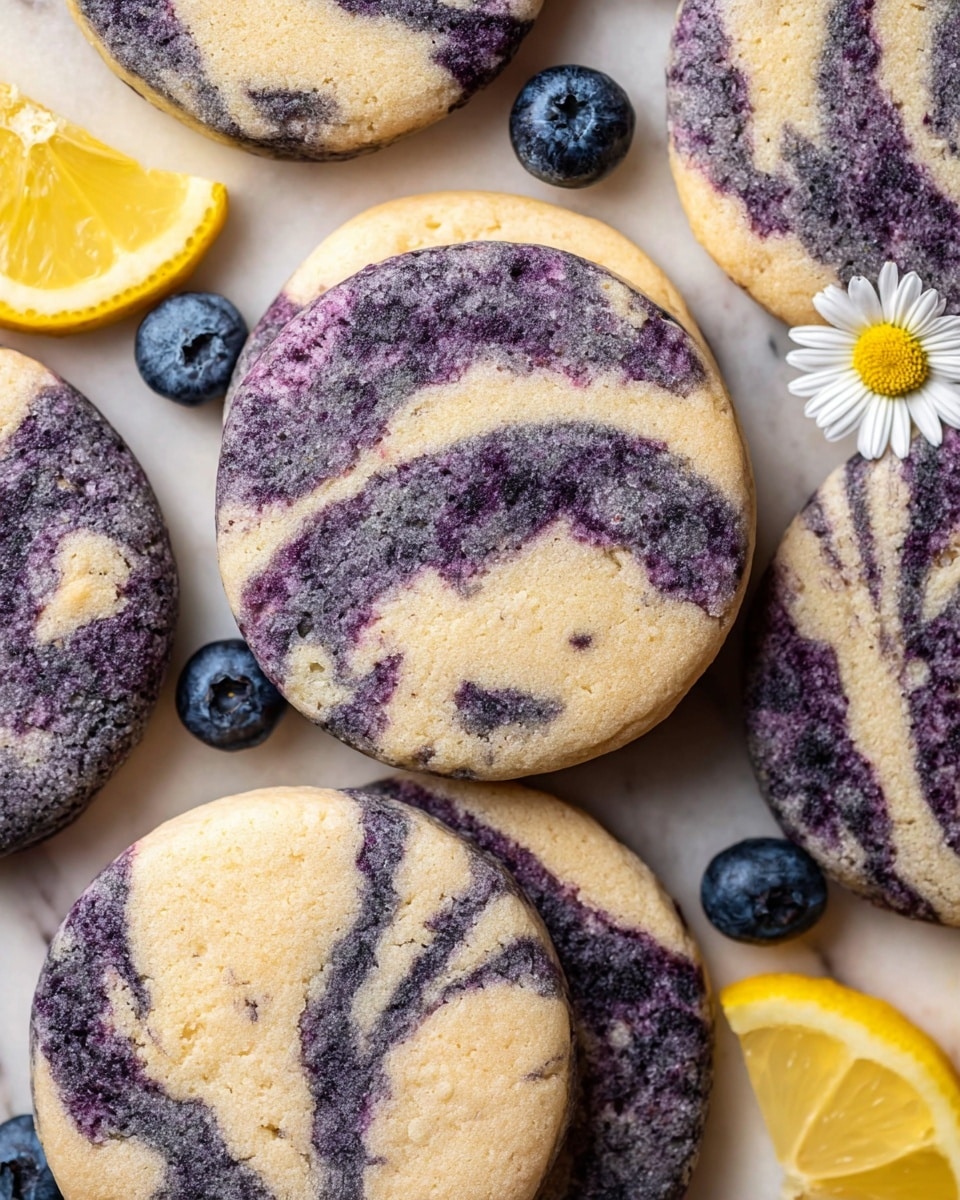 A close-up view of several round cookies with a marbled pattern of light beige and dark purple swirls, giving them a soft, slightly grainy texture. The cookies are arranged closely together on a white marbled surface. Between and around the cookies, there are a few whole blueberries, bright yellow lemon slices, and a small white daisy flower with a yellow center, adding a fresh and colorful touch to the scene. Photo taken with an iphone --ar 4:5 --v 7