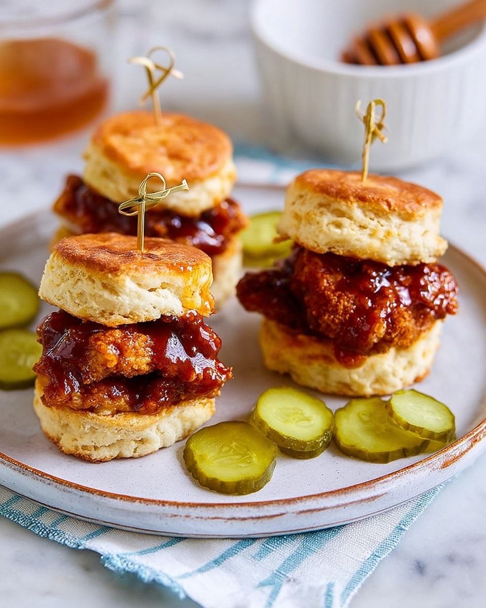 Three mini chicken sandwiches are arranged on a round white plate with a slightly worn look. Each sandwich has two layers of golden-brown biscuit halves with a crispy, dark reddish-brown fried chicken piece glazed in a shiny sauce between them, held together by a thin bamboo skewer with a looped top. Around the sandwiches, there are several round, green pickle slices adding a fresh contrast. In the background, a white bowl with honey and a wooden dipper is slightly out of focus, all set on a white marbled surface with a light blue striped cloth nearby. photo taken with an iphone --ar 4:5 --v 7