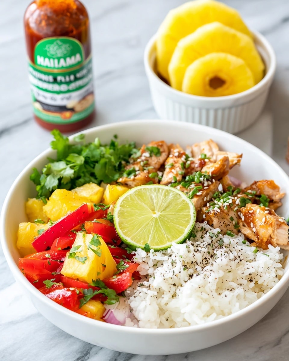 A white bowl filled with a colorful dish featuring about four distinct layers: bright white rice dusted lightly with black pepper takes up almost half the bowl on the right, next to a wedge of fresh green lime resting on the rice. To the left of the rice, there is a mix of red and yellow pineapple pieces, chunks of red and orange bell peppers, and pieces of cooked light brown chicken topped with white sesame seeds. Fresh green cilantro leaves are placed at the top edge of the bowl behind the chicken. In the background, there is a white ramekin holding two bright yellow pineapple rings and a green-labeled bottle of Hawaiian BBQ sauce. The bowl sits on a white marbled surface. Photo taken with an iphone --ar 4:5 --v 7