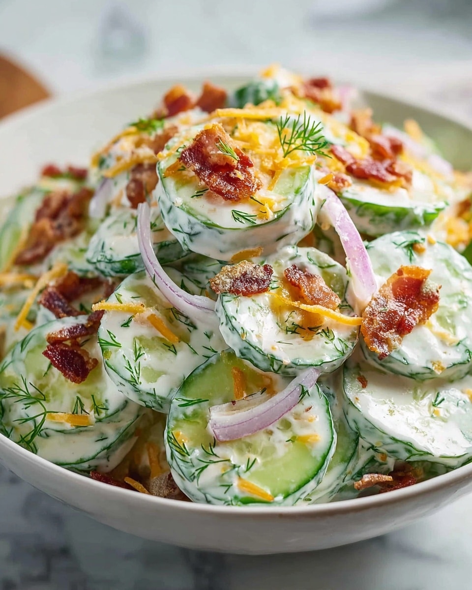 A white bowl filled with a creamy cucumber salad, featuring multiple layers of thick cucumber slices coated in a white, creamy dressing with visible green dill flecks. Interspersed among the cucumber slices are thin, light purple onion strips. The salad is topped with small, crispy golden-brown bacon bits and some orange shredded cheese, adding texture and color contrast to the creamy green and white base. The bowl sits on a white marbled surface. photo taken with an iphone --ar 4:5 --v 7