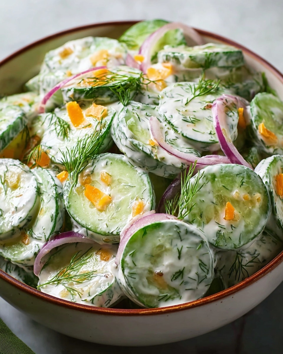 A close-up of a bowl filled with creamy cucumber salad, showing several layers of bright green cucumber slices coated with a thick, white creamy dressing speckled with green herbs. Thin slices of red onion and small pieces of orange cheddar cheese are mixed evenly throughout, adding pops of color. Fresh dill sprigs are scattered on top, and the bowl is white with a brown outer rim, sitting on a white marbled surface. photo taken with an iphone --ar 4:5 --v 7