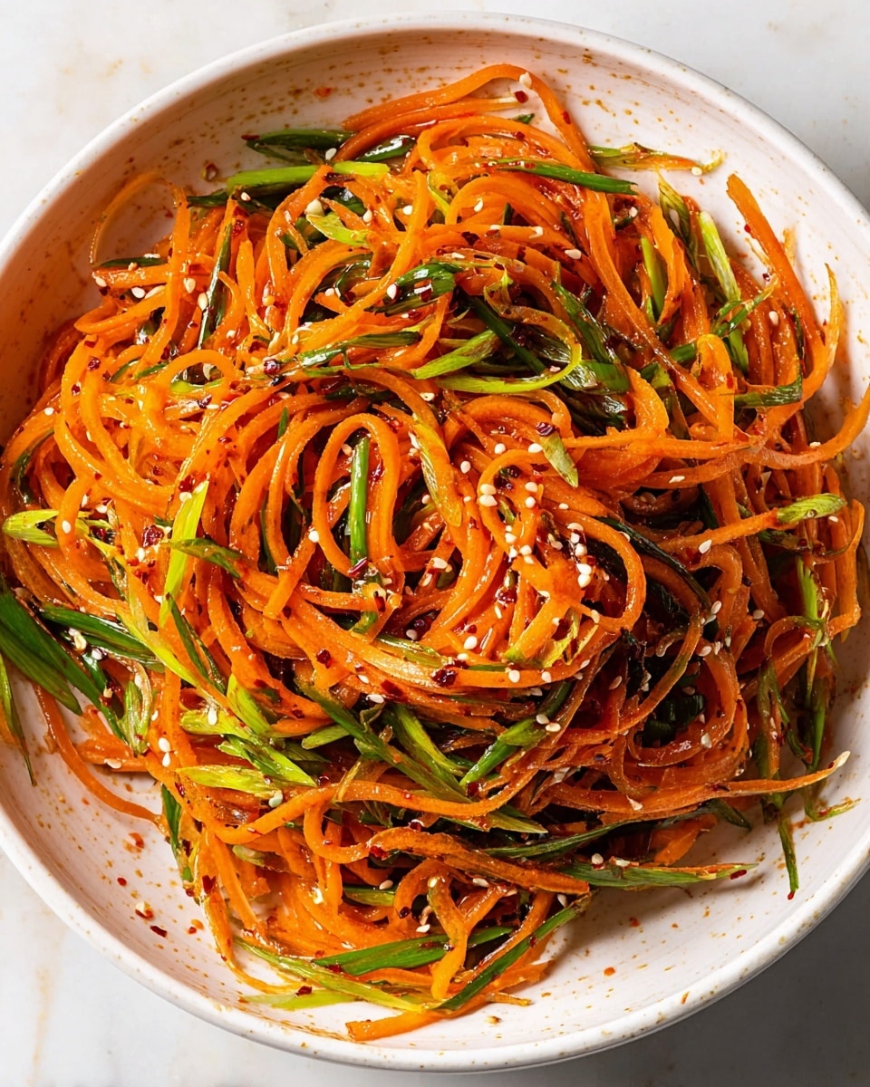 A white bowl filled with thin, bright orange carrot strands mixed with thin green strips of scallions, all tossed in a shiny, slightly oily, and spicy red sauce. The carrot and scallion strands are tangled together in a loose, circular pile with visible white sesame seeds sprinkled throughout. The colors are vibrant orange and green, with small dark red chili flakes adding texture and contrast. The bowl sits on a white marbled surface. photo taken with an iphone --ar 4:5 --v 7