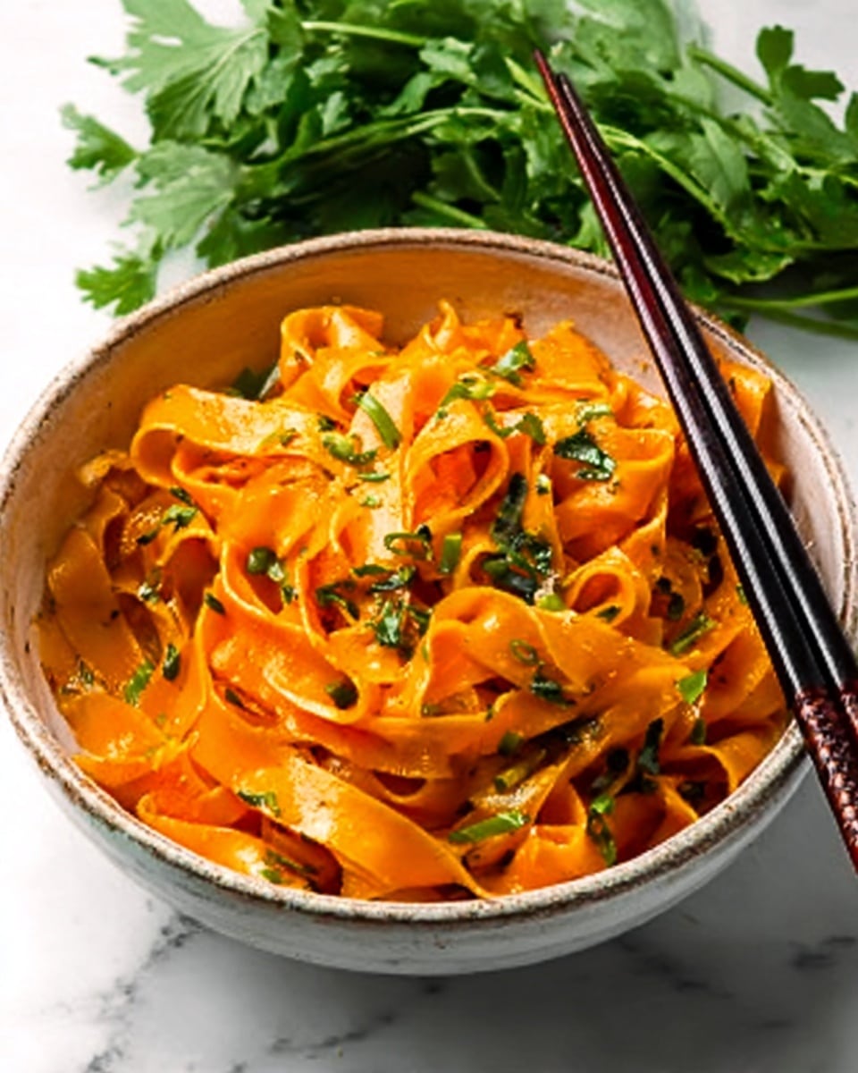 This image shows a round white bowl filled with wide, flat orange noodles that look fresh and soft. The noodles are layered unevenly, with some curling and folding on top of each other. Small bits of green herbs and chopped green onions are sprinkled on the noodles, adding a fresh green contrast. There is a pair of dark chopsticks resting gently on the bowl, with the ends touching the noodles. In the background, there is a bunch of leafy green herbs on the white marbled surface. The lighting highlights the glossy texture of the noodles and the freshness of the herbs. photo taken with an iphone --ar 4:5 --v 7