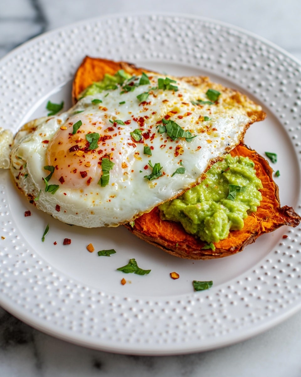 The dish consists of two main layers on a white plate with a dotted rim. The bottom layer is a thick slice of roasted sweet potato, showing a rich orange color with a slightly crispy texture on the edges. On top of the sweet potato is a generous spread of green mashed avocado, smooth but slightly chunky, sprinkled with reddish chili flakes and small bits of herb. The topmost layer is a fried egg, mostly white with golden-brown crispy edges and some sprinkled green herb leaves, adding a fresh touch. The plate is placed on a white marbled surface. photo taken with an iphone --ar 4:5 --v 7