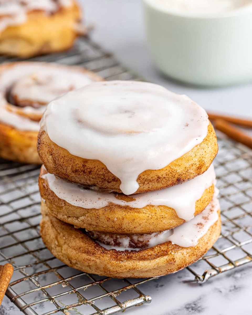 A stack of three round cinnamon rolls sits on a metal cooling rack, each roll having a golden-brown color with visible cinnamon specks and a slightly crispy edge. Each cinnamon roll is topped with a thick, creamy white layer of smooth icing that covers the top and drips slightly down the sides. The background features a white marbled texture with a few alternative cinnamon rolls and a white bowl with more icing visible in the blurred background. Photo taken with an iphone --ar 4:5 --v 7