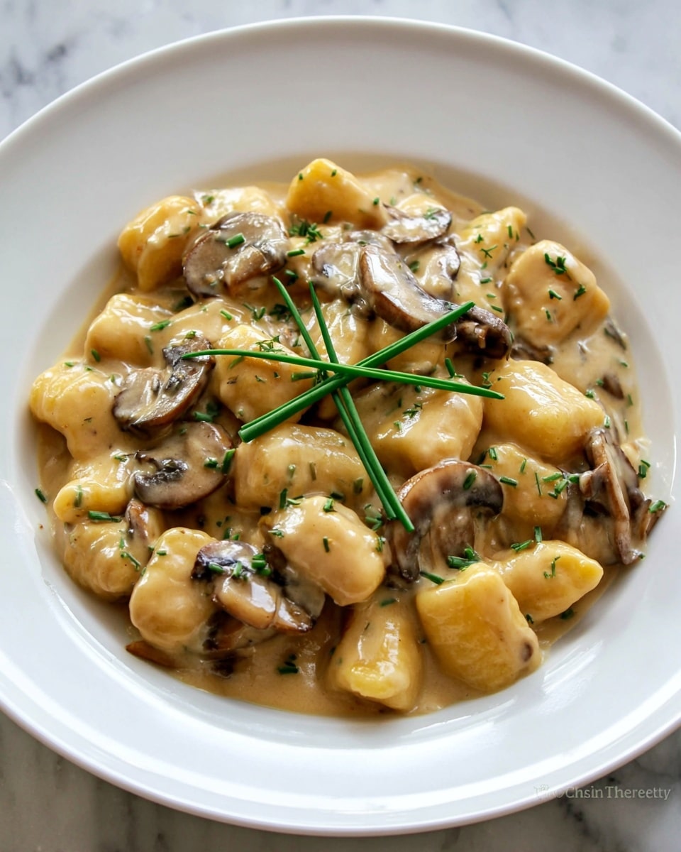 A white plate filled with soft, small, pillow-shaped gnocchi covered in a smooth, creamy light beige sauce. Scattered throughout the gnocchi are thinly sliced brown mushrooms with a tender texture, glistening slightly from the sauce. Two bright green chive stalks lie diagonally on top, adding a fresh pop of color against the warm tones of the gnocchi and mushrooms. The plate is set against a white marbled surface, enhancing the creamy and earthy colors of the dish. photo taken with an iphone --ar 4:5 --v 7