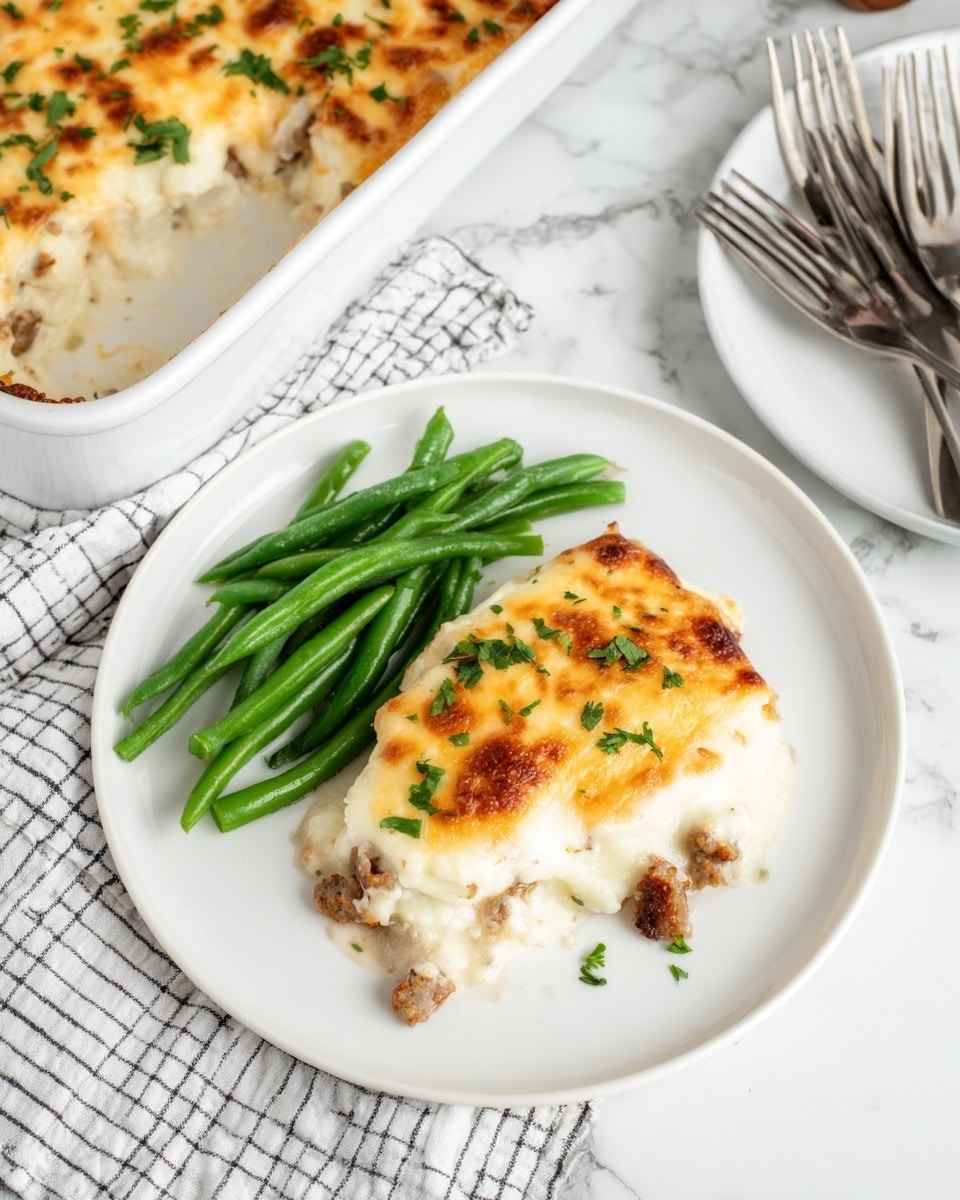 A white plate holds a serving of baked dish with three layers: the bottom layer is creamy white, the middle layer includes small pieces of browned meat, and the top layer is golden brown melted cheese sprinkled with chopped green herbs, placed on the left side of the plate. On the right side, there is a small pile of bright green steamed green beans with a smooth texture. The plate rests on a white marbled surface next to a white baking dish filled with more of the same baked food. A folded cloth with black and white checks is partially under the baking dish, and three metal forks lie nearby on the surface. Photo taken with an iphone --ar 4:5 --v 7