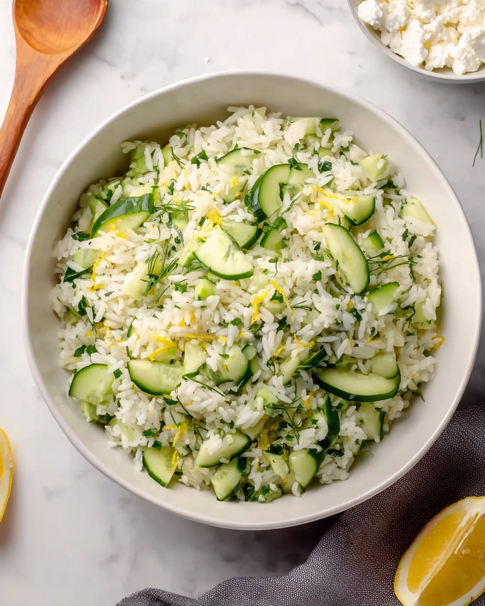 A white bowl filled with a fresh cucumber rice salad placed on a white marbled surface. The dish has two main layers: the base is white rice with a soft, fluffy texture, mixed with small, bright green pieces of herbs. On top and spread evenly throughout are light green cucumber slices, some slightly translucent, cut into small chunks. Small bits of yellow lemon zest are scattered across the salad, adding a pop of brightness. Nearby, there is a wedge of lemon at the bottom right and a bowl with soft white cottage cheese at the top right. A grey cloth is partially visible under the bowl on the left side. Photo taken with an iphone --ar 4:5 --v 7