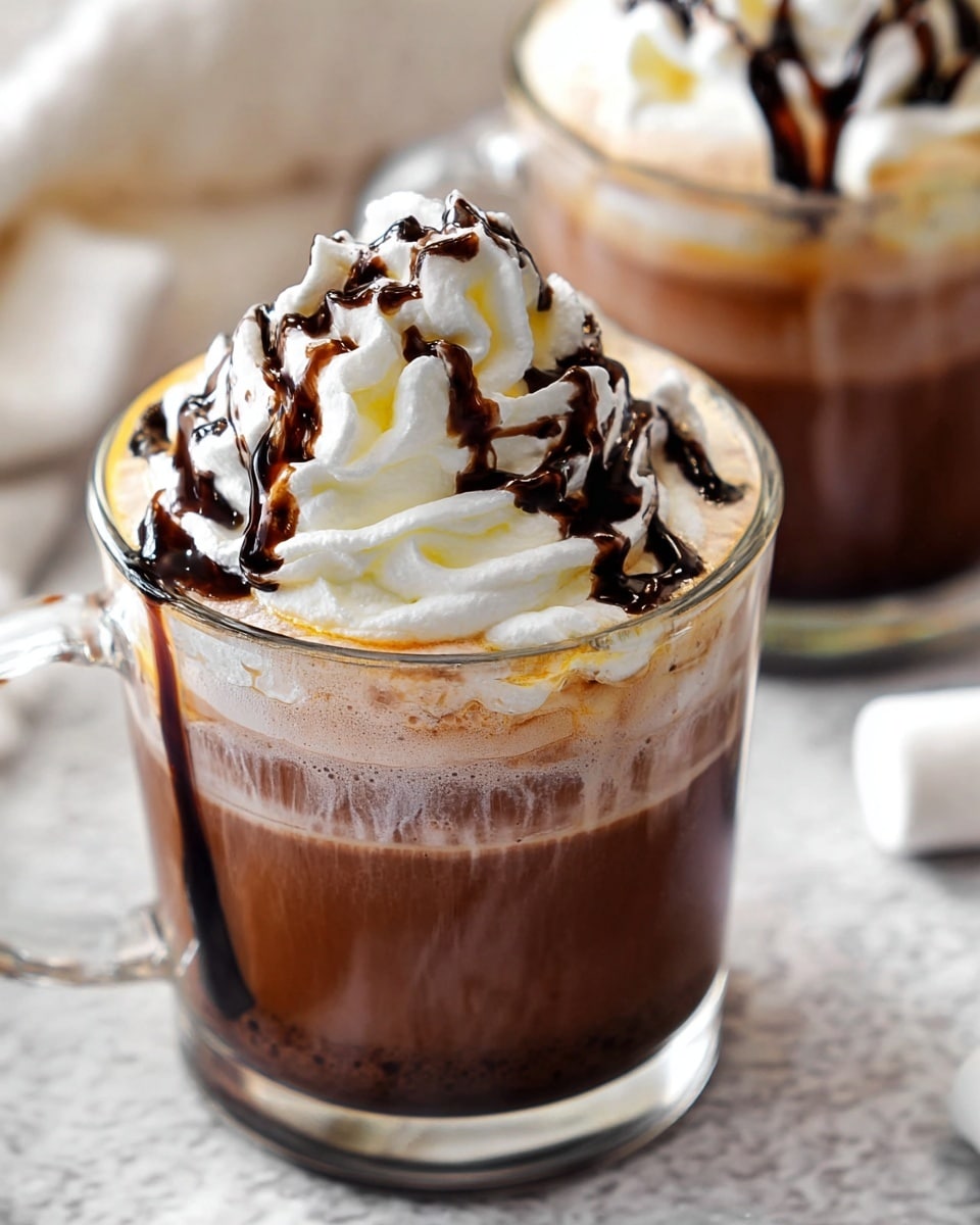 The image shows a clear glass cup filled with three visible layers: a dark brown base, a lighter foamy brown middle, and a thick white whipped cream top layer. The whipped cream is swirled in a decorative way and drizzled with dark chocolate syrup, creating contrast against the white cream. Another similar cup is partially visible in the background, with a white marshmallow nearby. The drinks sit on a white marbled textured surface. photo taken with an iphone --ar 4:5 --v 7