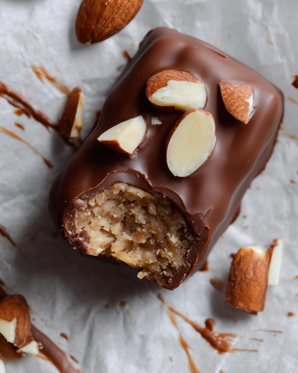 A close-up of a small bar coated in thick, smooth milk chocolate with a bite taken out, revealing a dense, light brown, crumbly inside texture mixed with bits of nuts. On top of the chocolate layer are several unevenly chopped almond pieces, showing their creamy white interior and brown skins, scattered and slightly embedded. The bar is resting on white parchment paper with light brown chocolate drizzles near it. Photo taken with an iphone --ar 4:5 --v 7