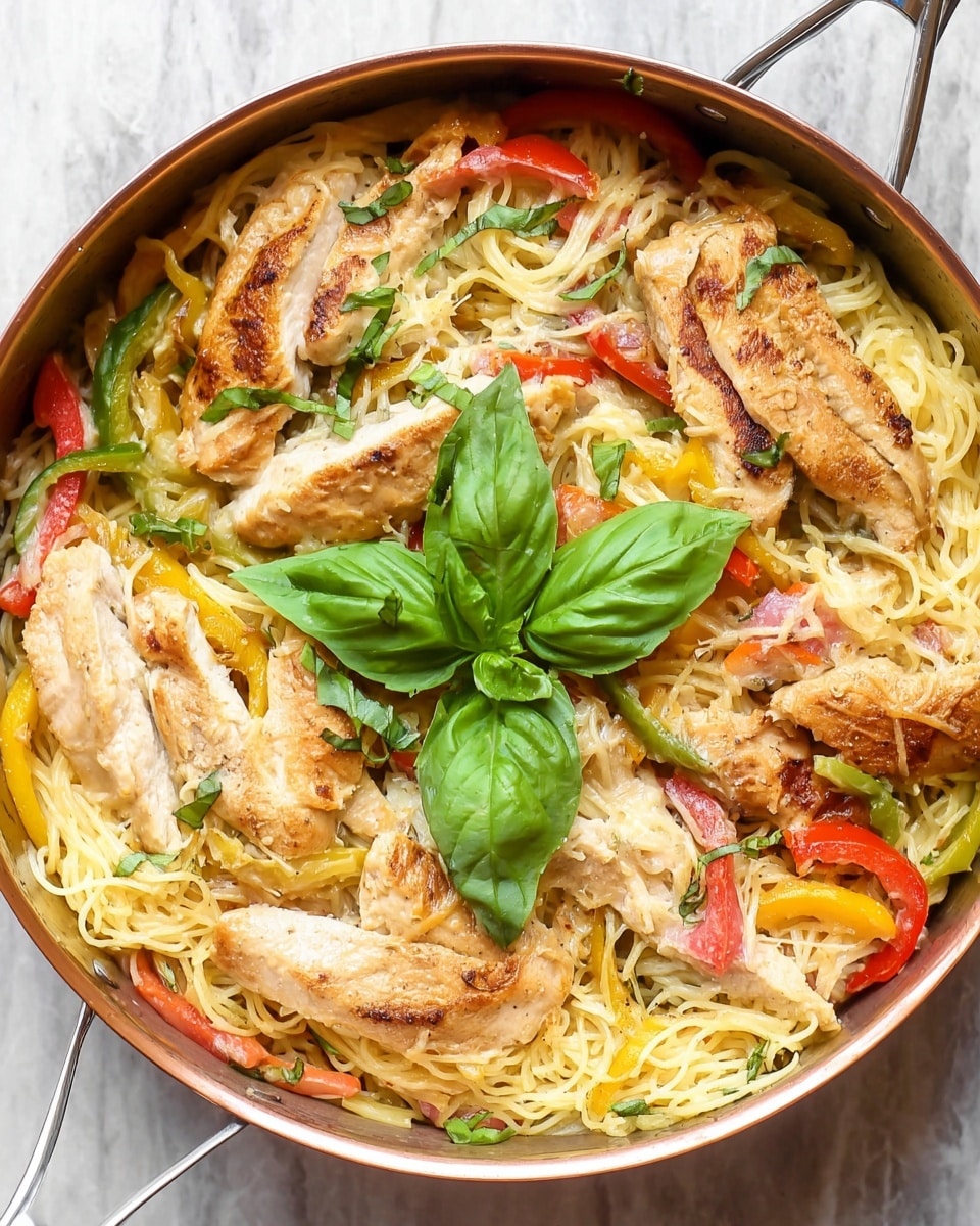 A copper pan filled with a layered dish on a white marbled surface starting with a bed of light yellow spaghetti noodles at the bottom. On top of the noodles, there are several pieces of grilled chicken breast, which are creamy white with light brown grill marks. Layered among the chicken are slices of bell peppers in green, yellow, and red, as well as thin slices of pale red onion, all mixed with shredded mozzarella cheese melting slightly. Fresh dark green basil leaves are scattered on top, with one larger basil leaf cluster placed in the center for garnish. The combination shows a rich, textured, colorful dish with a warm and inviting look. photo taken with an iphone --ar 4:5 --v 7