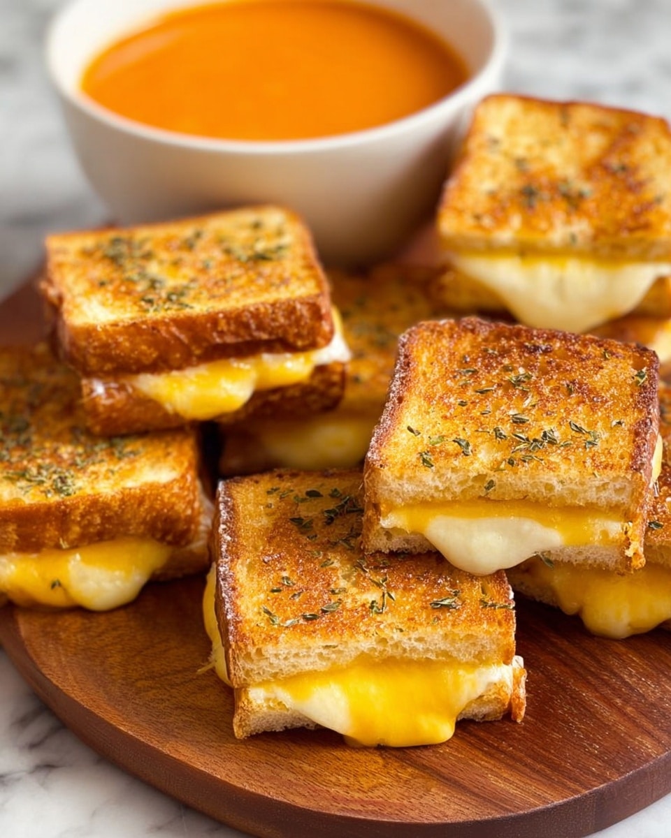 A wooden plate holds several small grilled cheese sandwiches cut into squares, each with two golden brown toasted bread slices with melted yellow cheese oozing slightly from the edges; the top layer of bread has a sprinkled herb seasoning giving it a textured look. Behind the sandwiches is a white bowl filled with bright orange soup. The whole scene is set on a white marbled surface. photo taken with an iphone --ar 4:5 --v 7