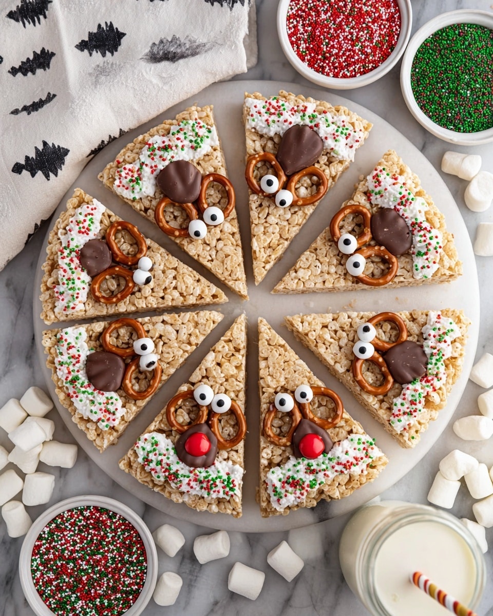 A round rice crispy treat is cut into ten triangular slices arranged in a circle on a white marbled surface. Each slice has two chocolate pretzels placed at the wide end to look like antlers, colorful red, green, and white sprinkles on white icing near the top edge, two small candy eyes below the sprinkles, and a chocolate candy nose near the pointy end; one slice has a red candy nose instead. Around the dish are small bowls filled with red, green, and white sprinkles, a glass of milk with a striped straw, a white cloth with black tree shapes, and some scattered marshmallows. photo taken with an iphone --ar 4:5 --v 7