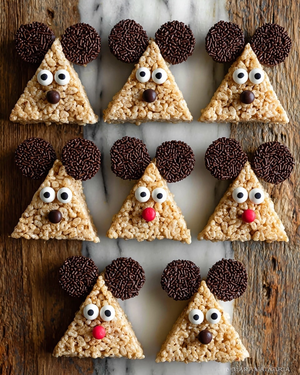 The image shows seven triangular rice crispy treats shaped like mice, arranged on a wooden surface replaced with a white marbled texture. Each treat is light golden brown with two dark chocolate circles on the top corners as ears, covered in small chocolate sprinkles giving a rough texture. Near the center are two large white candy eyes with black pupils, and at the pointed tip of each triangle is a small round candy nose, mostly dark chocolate except for one with a red nose. The colors are warm brown and cream with contrasting dark ears and eyes. Photo taken with an iphone --ar 4:5 --v 7
