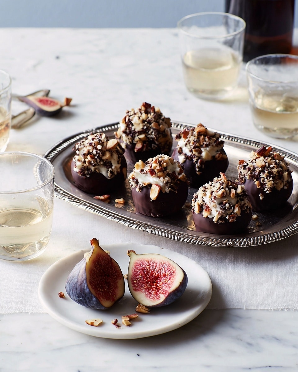 There are seven whole dark purple figs dipped in chocolate and rolled in chopped nuts, arranged in two rows on a silver tray with a detailed edge, all sitting on a white marbled tablecloth. In front of the tray, one fig is on a small white plate, showing two halves with red and light pink insides filled with white cream. Another whole fig with chocolate and nuts is on a separate small white plate on the right side. Clear glasses with pale yellow liquid and parts of dark bottles surround the setting, enhancing the simple and clean look. Photo taken with an iphone --ar 4:5 --v 7